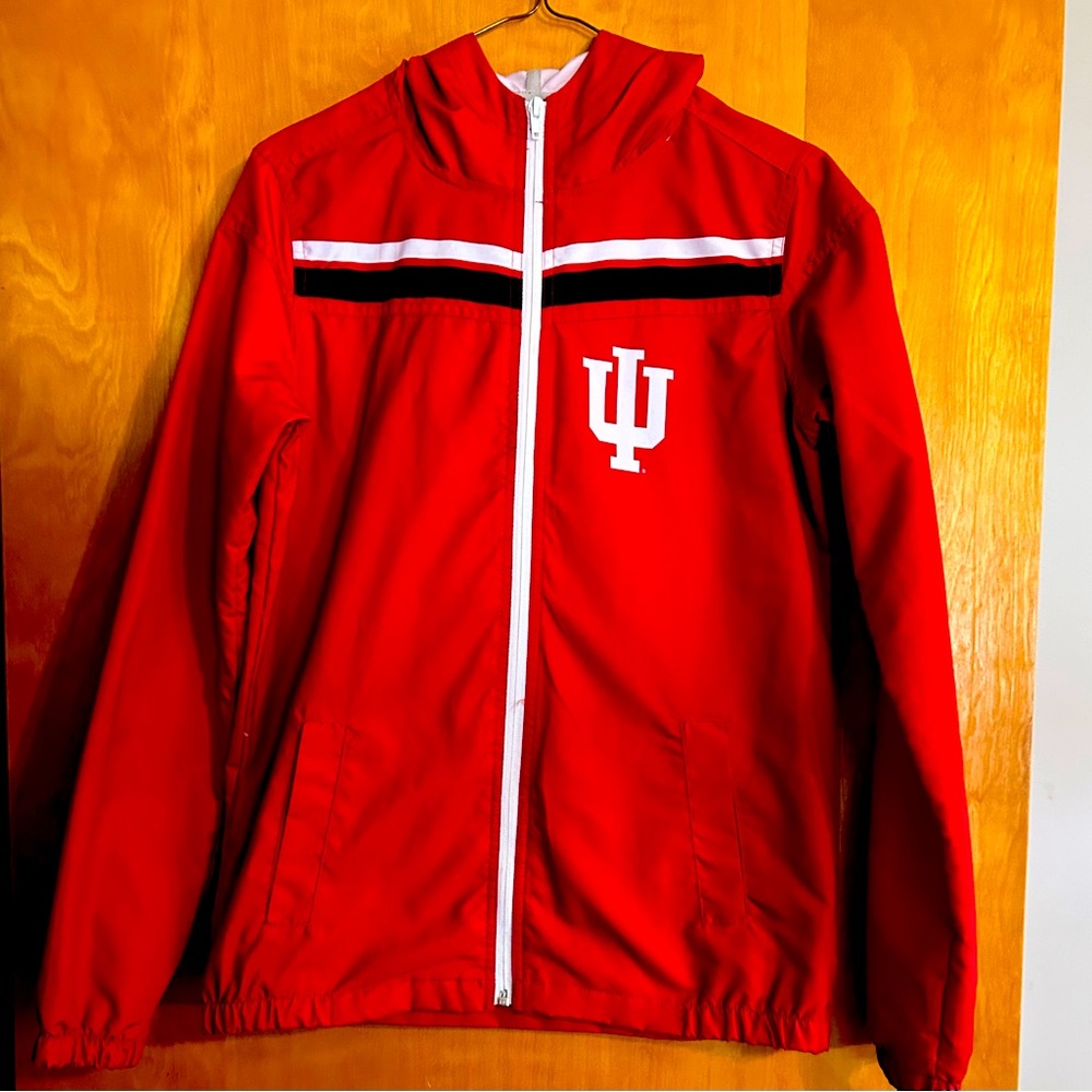 EUC Indiana University Hoosiers warm up jacket, size unisex small, with hood.